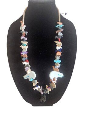 Zuni Animal Fetish Necklace, Bear Pendant, White Bear Multi color animals 17" lo